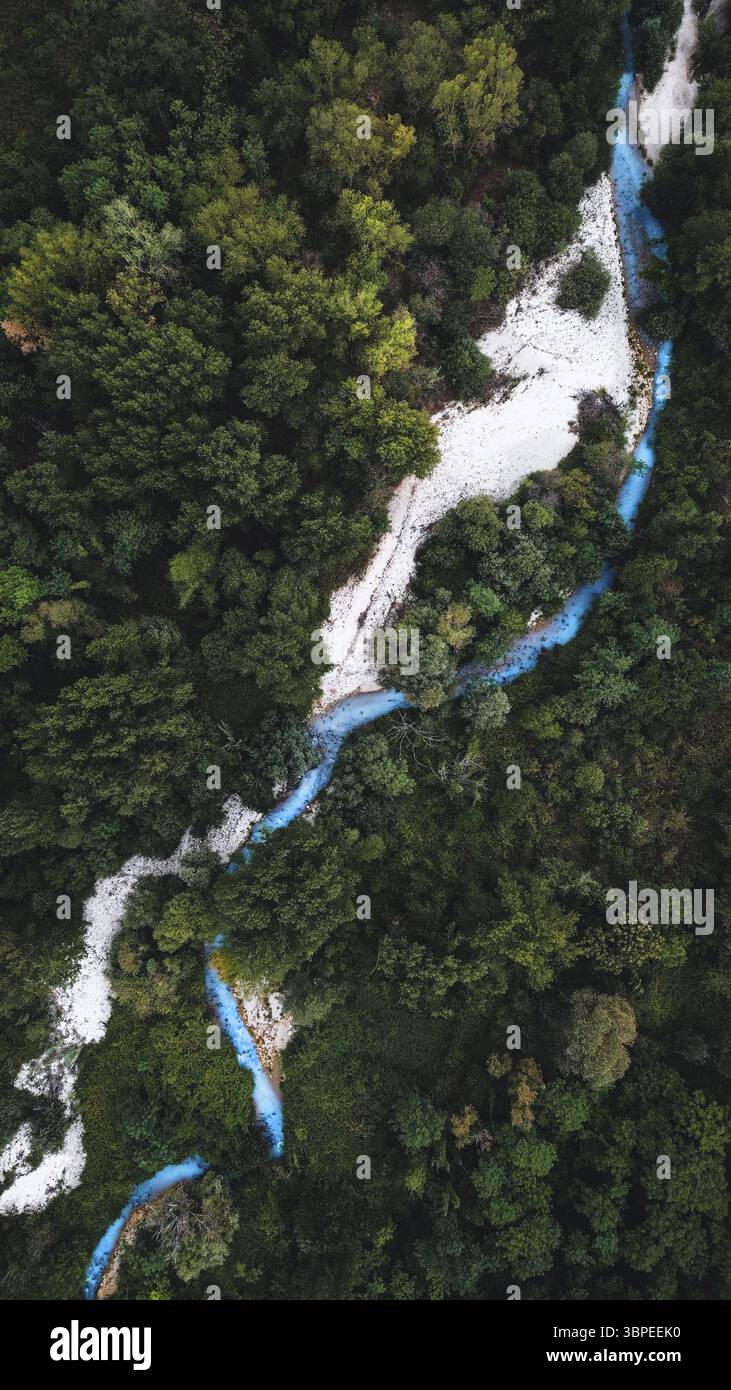 Vista aerea di un tranquillo fiume che si snoda attraverso una fitta foresta, le sue acque turchesi contrastano con la vibrante vegetazione di Pescara, Abruzzo, Italia. Foto Stock