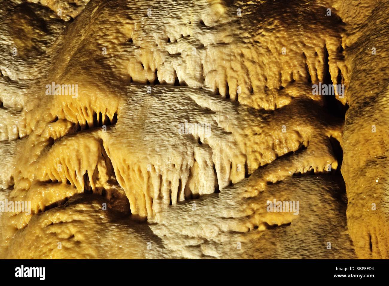 Intricate texture di pareti ricche di minerali rivelano strati formati nel corso dei secoli nella grotta mira de Aire, Portogallo Foto Stock