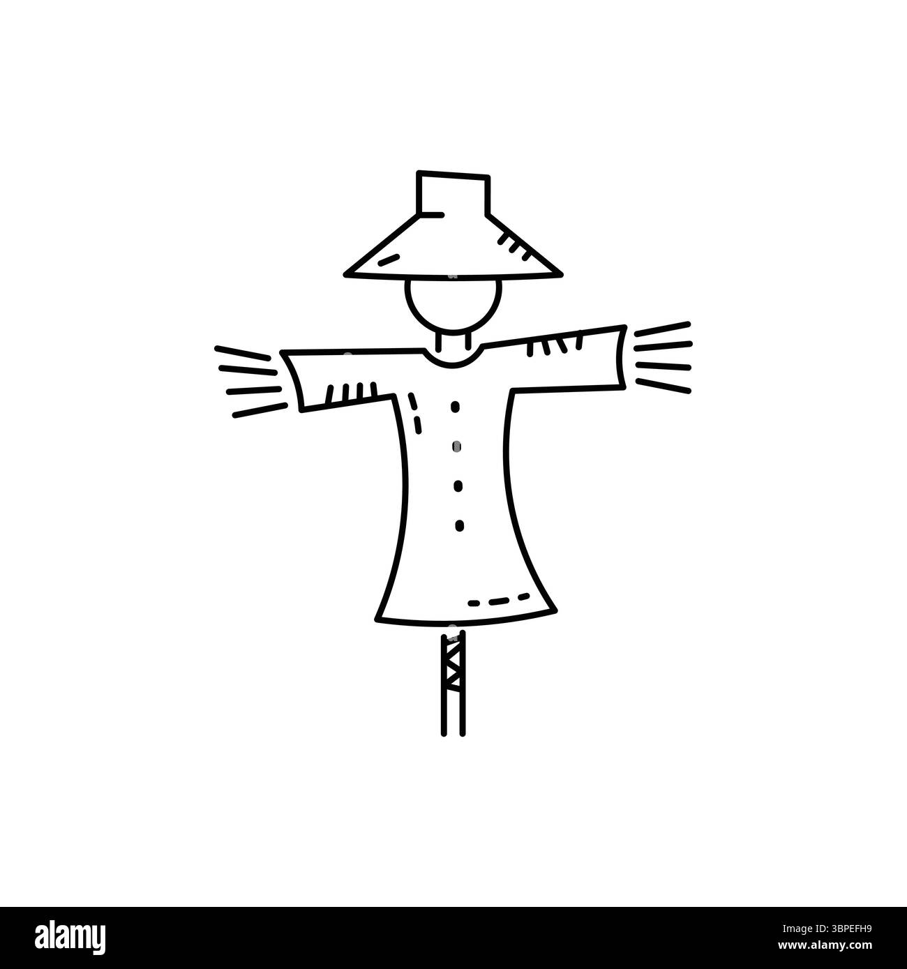 Semplice illustrazione in line art di uno spaventapasseri, perfetto per il raccolto, la fattoria o i temi autunnali. Illustrazione Vettoriale