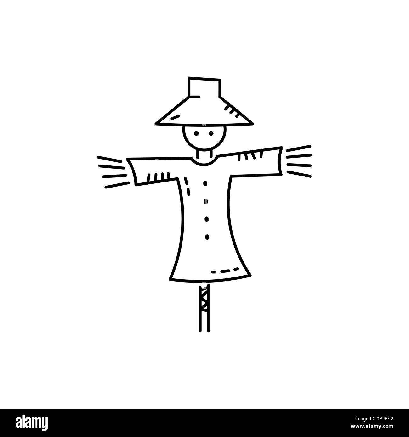 Semplice illustrazione in line art di uno spaventapasseri, perfetto per il raccolto, la fattoria o i temi autunnali. Illustrazione Vettoriale