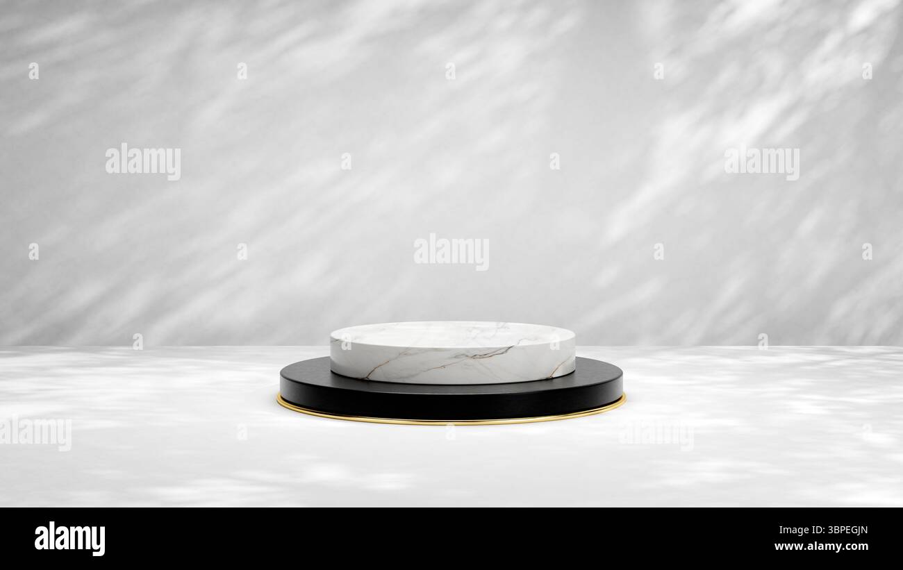 Alta risoluzione 8K. Piedistallo in marmo e oro del plateau con elegante podio di lusso su sfondo bianco. Sfondo del palco espositivo vuoto Foto Stock
