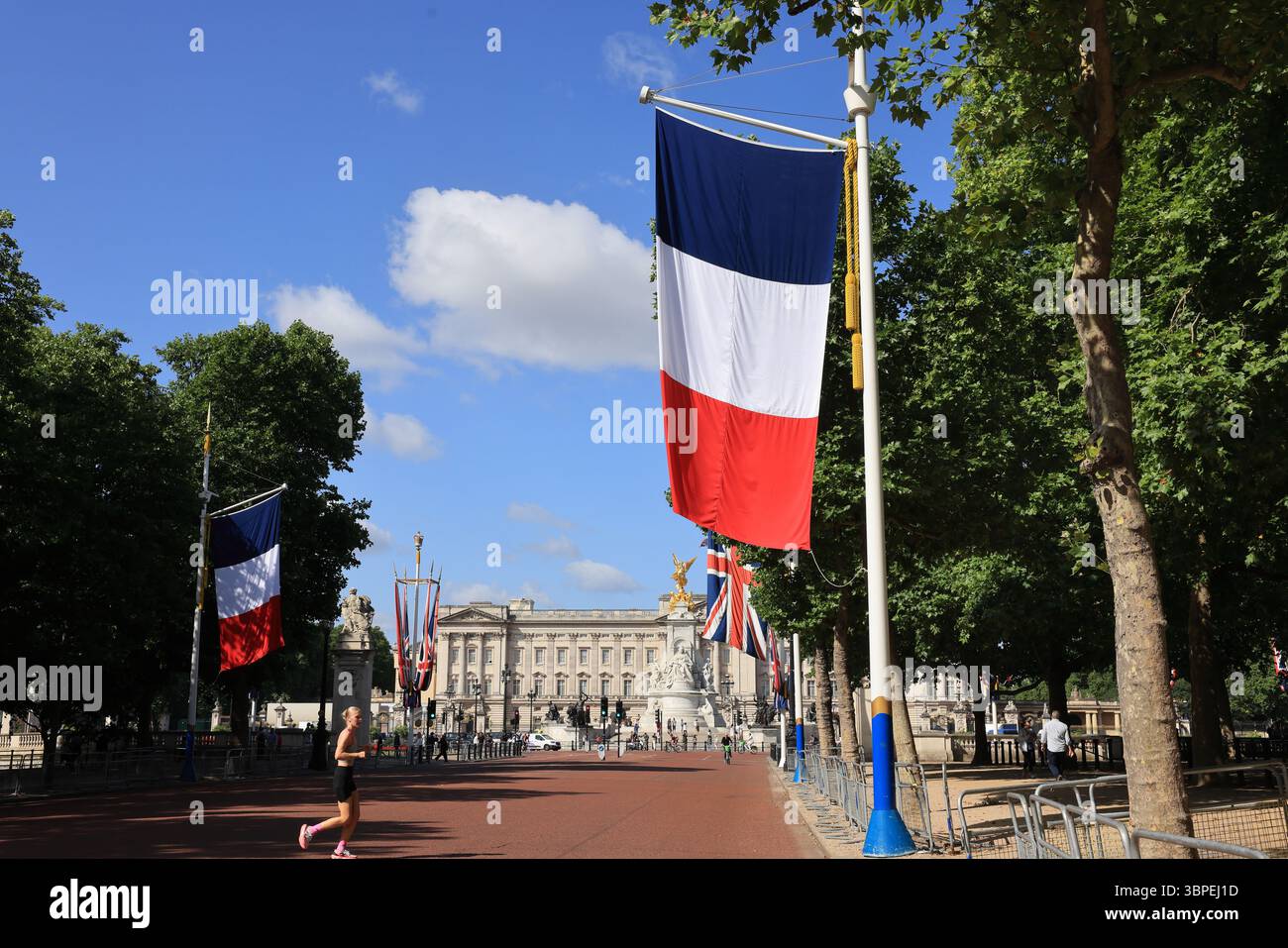 Union Jack e le bandiere francesi fiancheggiano il Mall a Londra per la visita di stato del presidente Emmanuel Macron e di sua moglie Brigitte, luglio 2025, Regno Unito. Foto Stock
