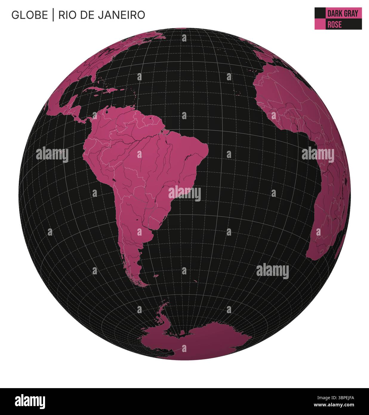Globo vettoriale incentrato su Rio de Janeiro. Grigio scuro e rosa. Mappa del mondo con meridiani, paralleli, paesi, fiumi e laghi. Illustrazione Vettoriale
