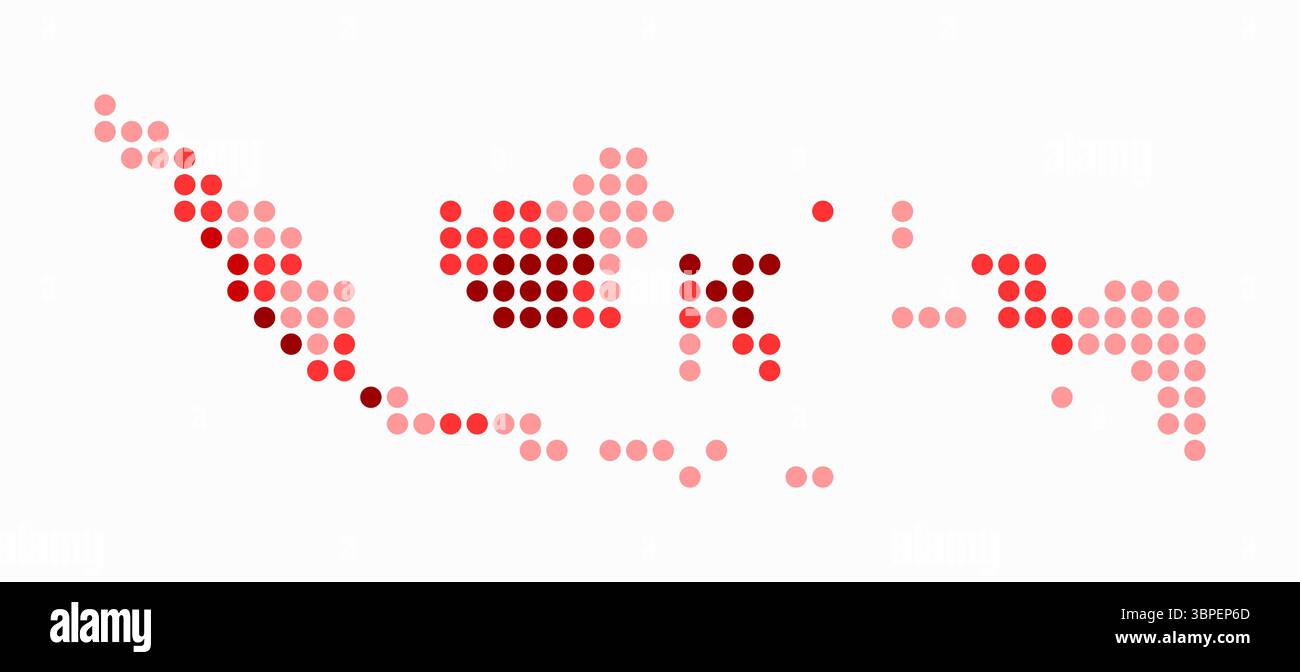 Mappa punteggiata dell'Indonesia. Mappa digitale del paese su sfondo bianco. Forma indonesiana con punti circolari. Stile puntini colorati. Cerchi di grandi dimensioni. Illustrazione Vettoriale