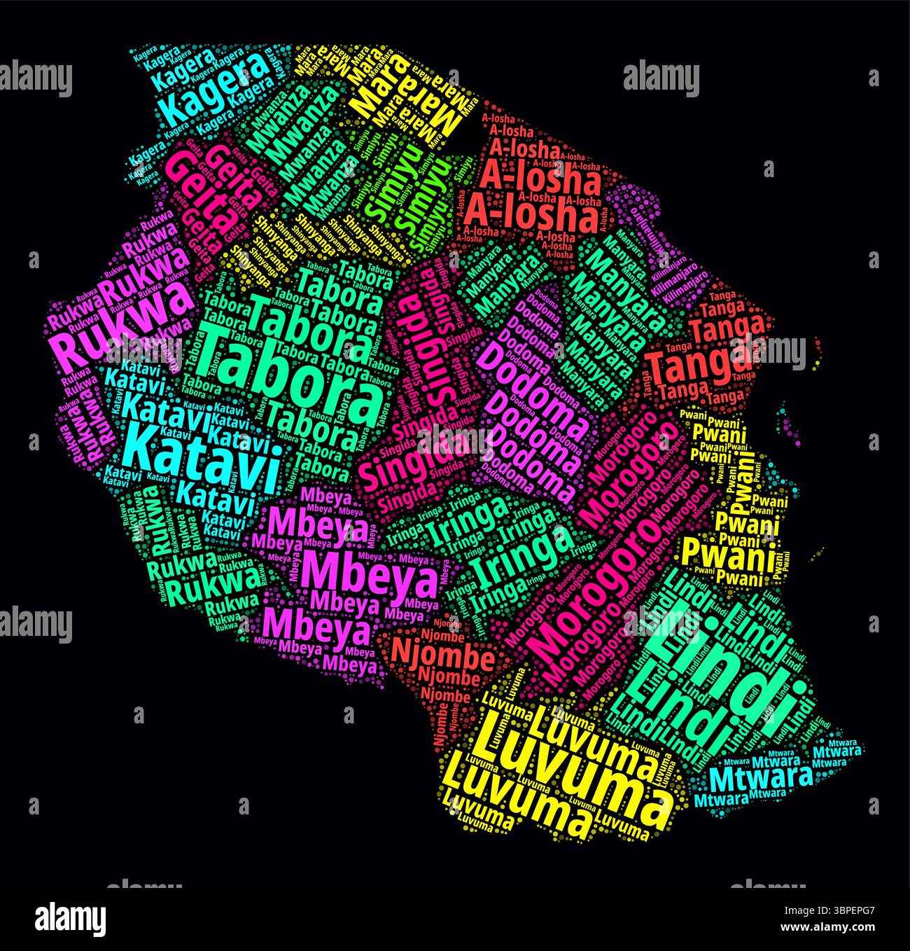 Word Cloud in Tanzania. Nomi delle regioni del paese in lingua swahili. Design luminoso in stile neon su sfondo scuro. Illustrazione Vettoriale