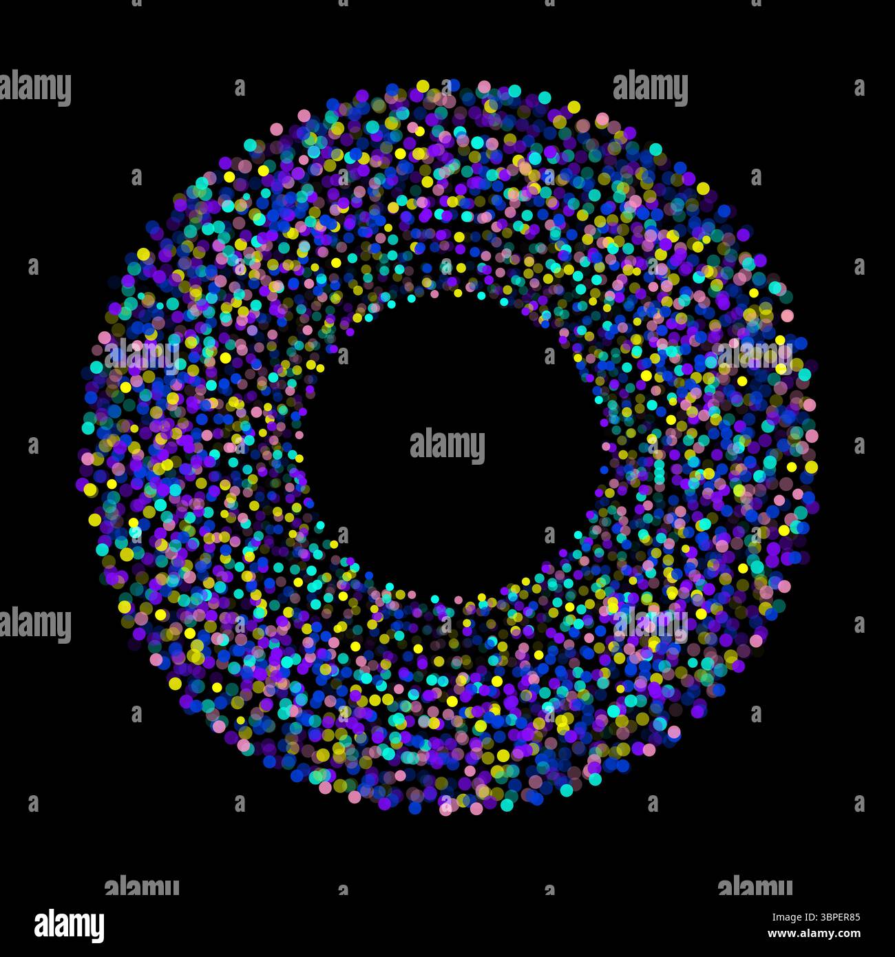Vivace motivo circolare composto da punti luminosi multicolori su sfondo scuro. Illustrazione Vettoriale