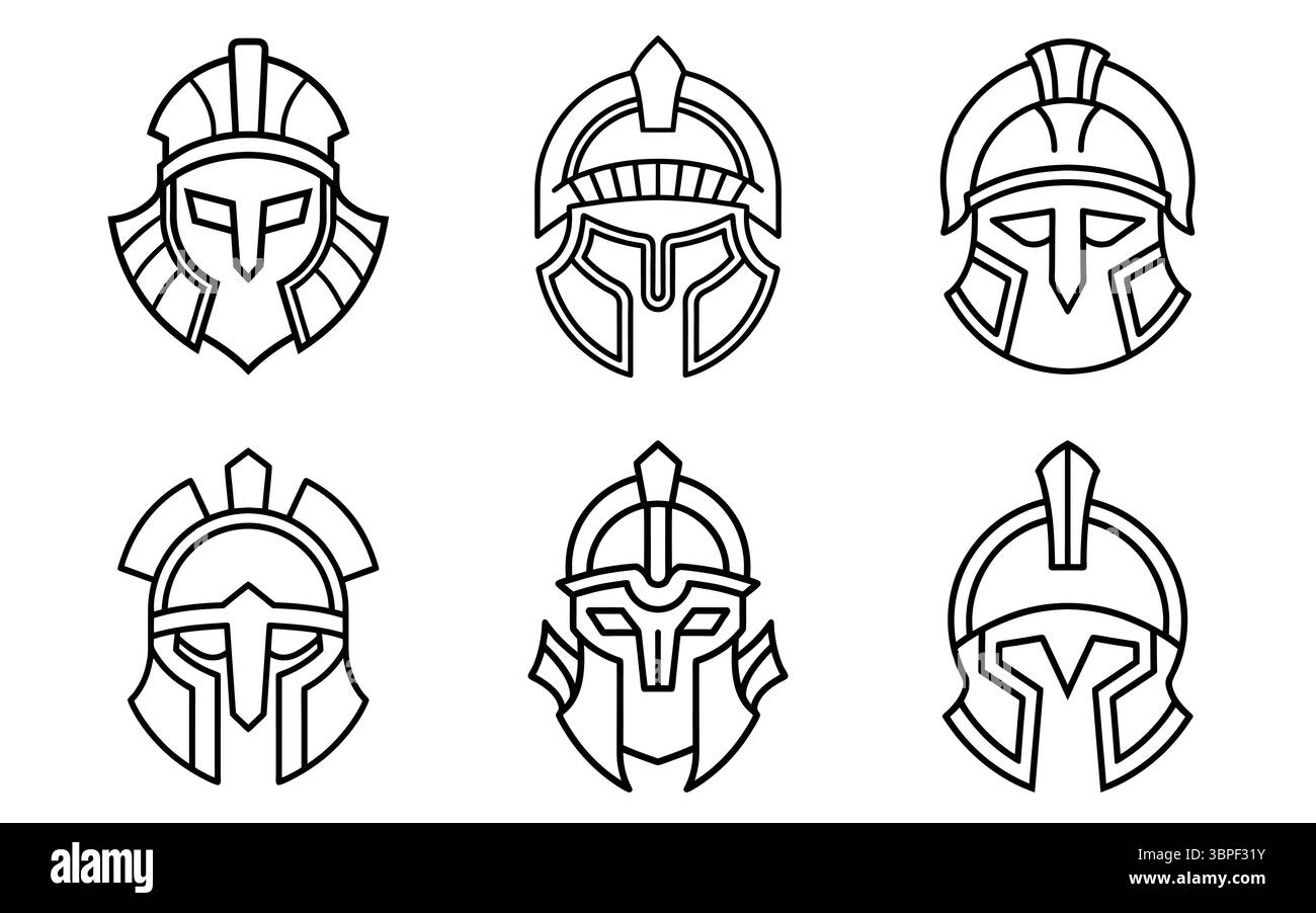 Icone artistiche Spartan Helmet Line: Design geometrico, minimalista e potente per il Branding Illustrazione Vettoriale