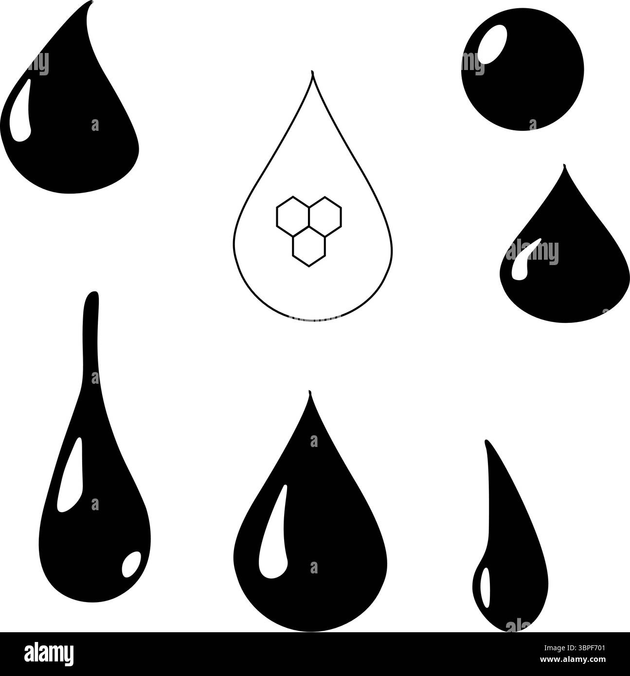 Set isolato per gocce di miele d'acqua. Illustrazione della linea grafica vettoriale. Firma silhouette per logo, stampa, fumetti, moda, pop art, tavole, design, adesivi, Illustrazione Vettoriale