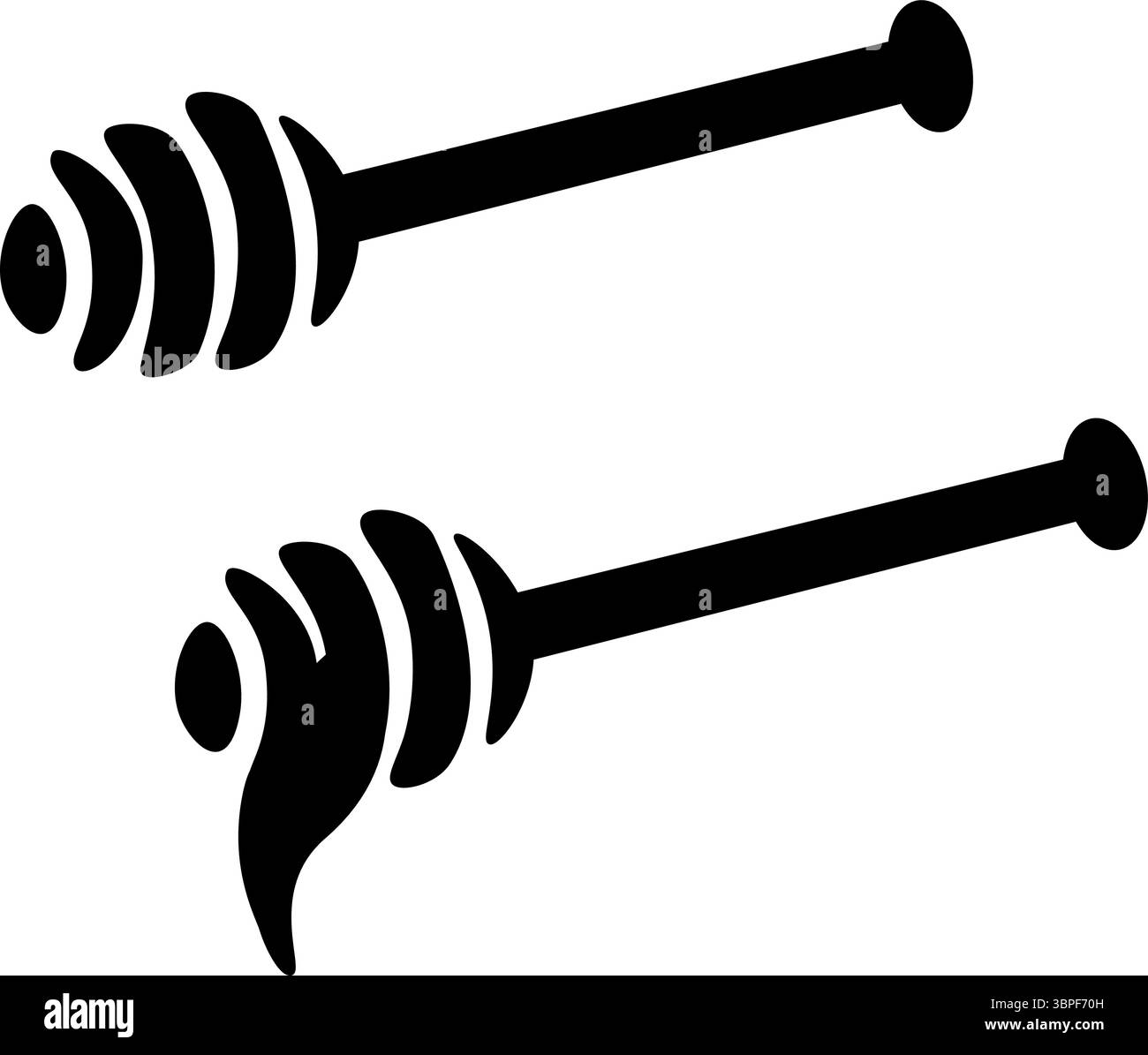 Honey Spoon isolato. Illustrazione della linea grafica vettoriale. Schizzo di bastoncino in legno con gocciolamento di sciroppo. Striscioni, poster, carta da imballaggio, adesivo, stampa, moderno Illustrazione Vettoriale