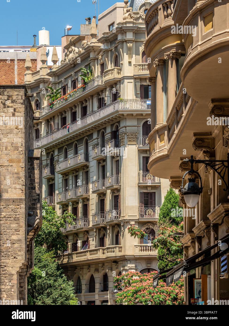 Edifici residenziali eleganti e storici con balconi decorati nelle strette stradine del quartiere Gotico di Barcellona. Foto Stock