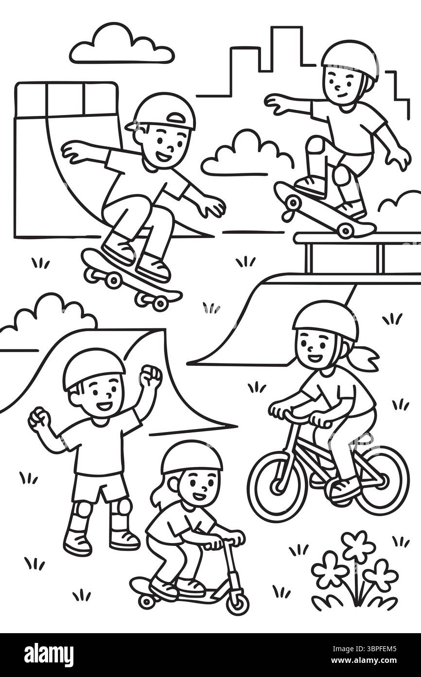 Pagina da colorare per bambini per skatepark e Urban Biking Illustrazione Vettoriale