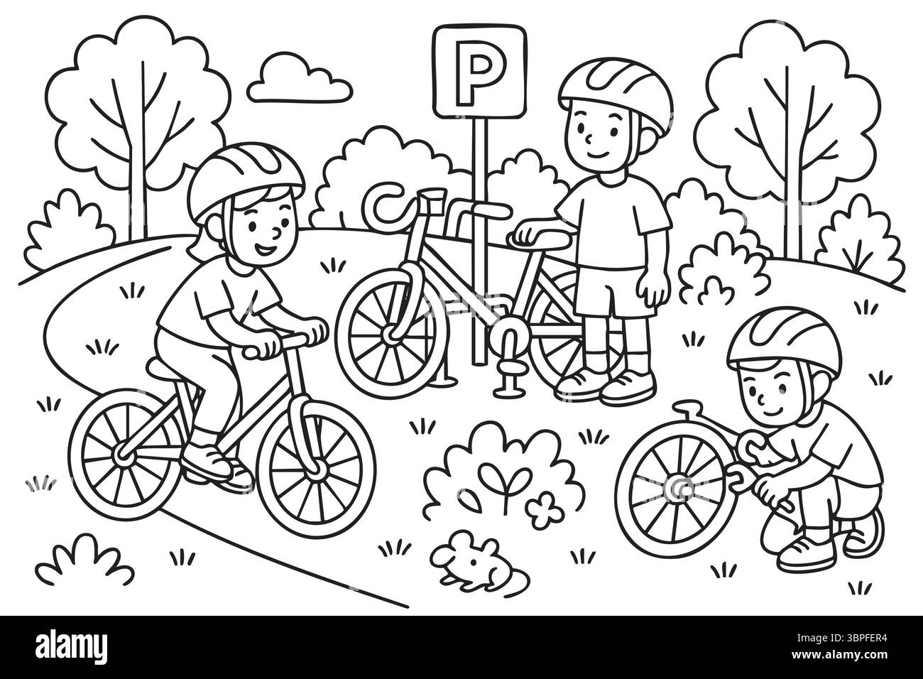 Gite in bicicletta per bambini nella pagina da colorare del parco Illustrazione Vettoriale