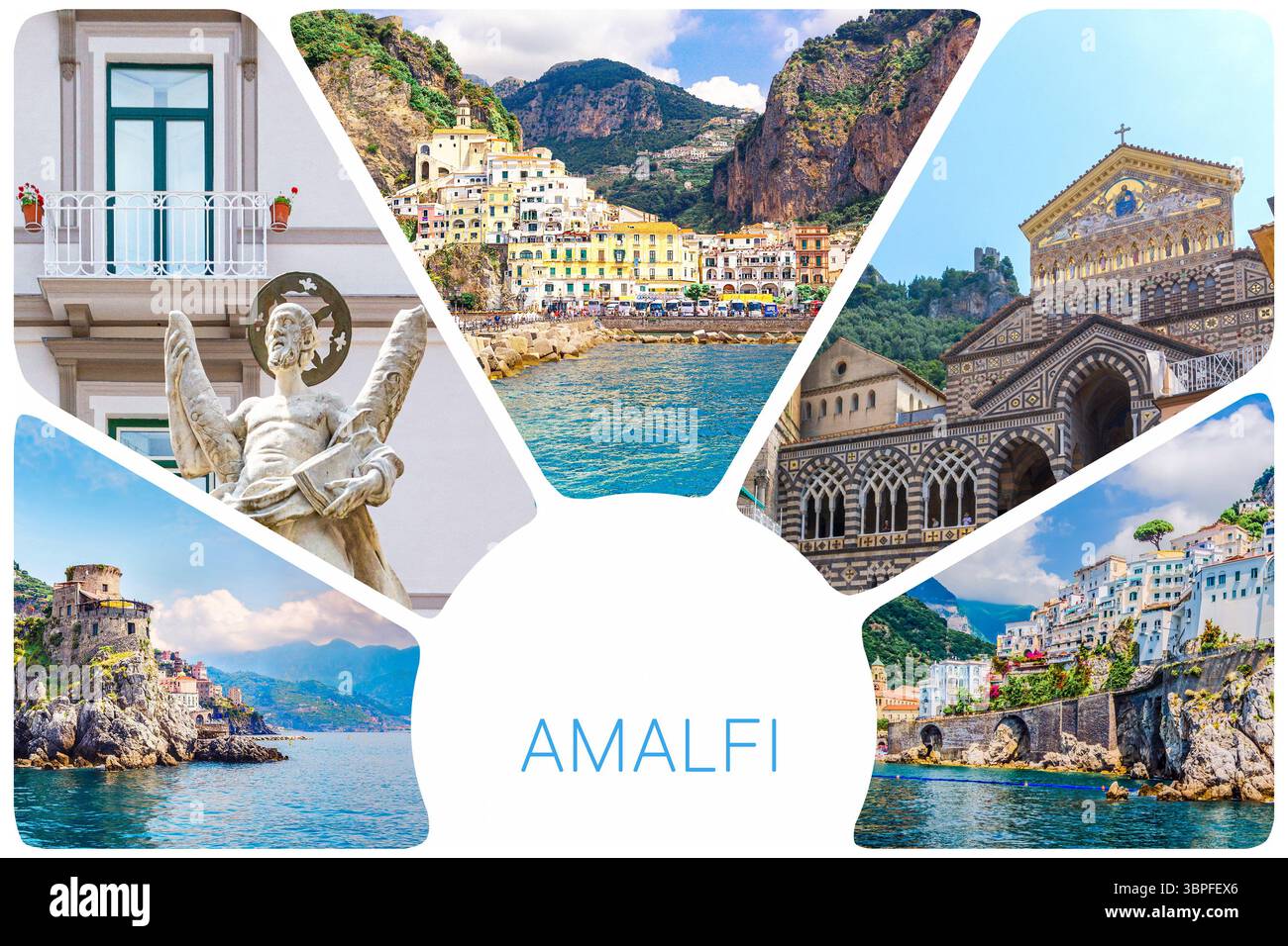 Collage fotografico da Amalfi - piccolo paradiso del villaggio di Amalfi con una piccola spiaggia e case colorate, situato sulla roccia, sulla Costiera Amalfitana, Salerno, Campania, Italia. Foto Stock
