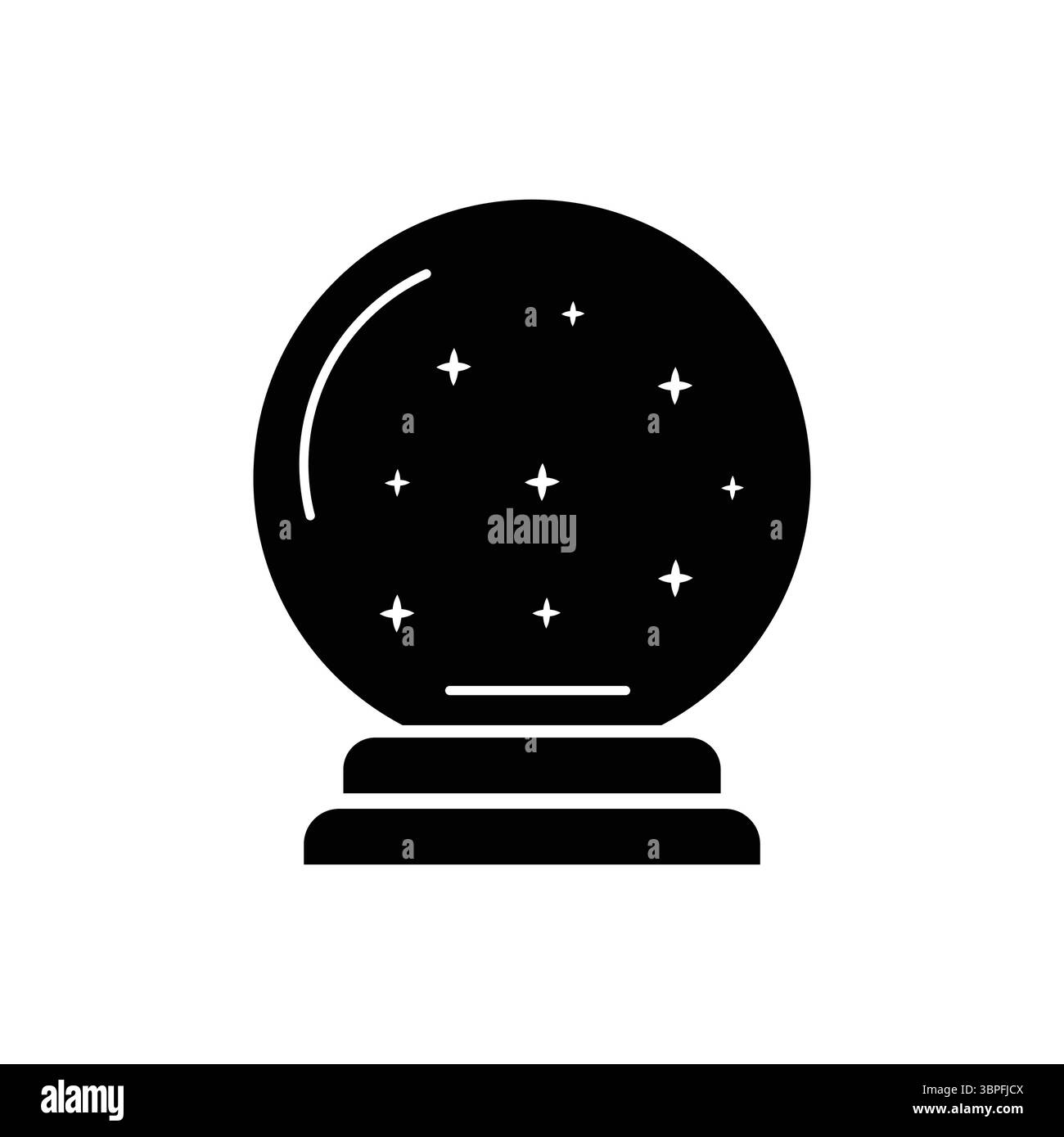 Una mistica silhouette nera di una sfera di cristallo con stelle, ideale per temi magici, futuri o soprannaturali. Illustrazione Vettoriale