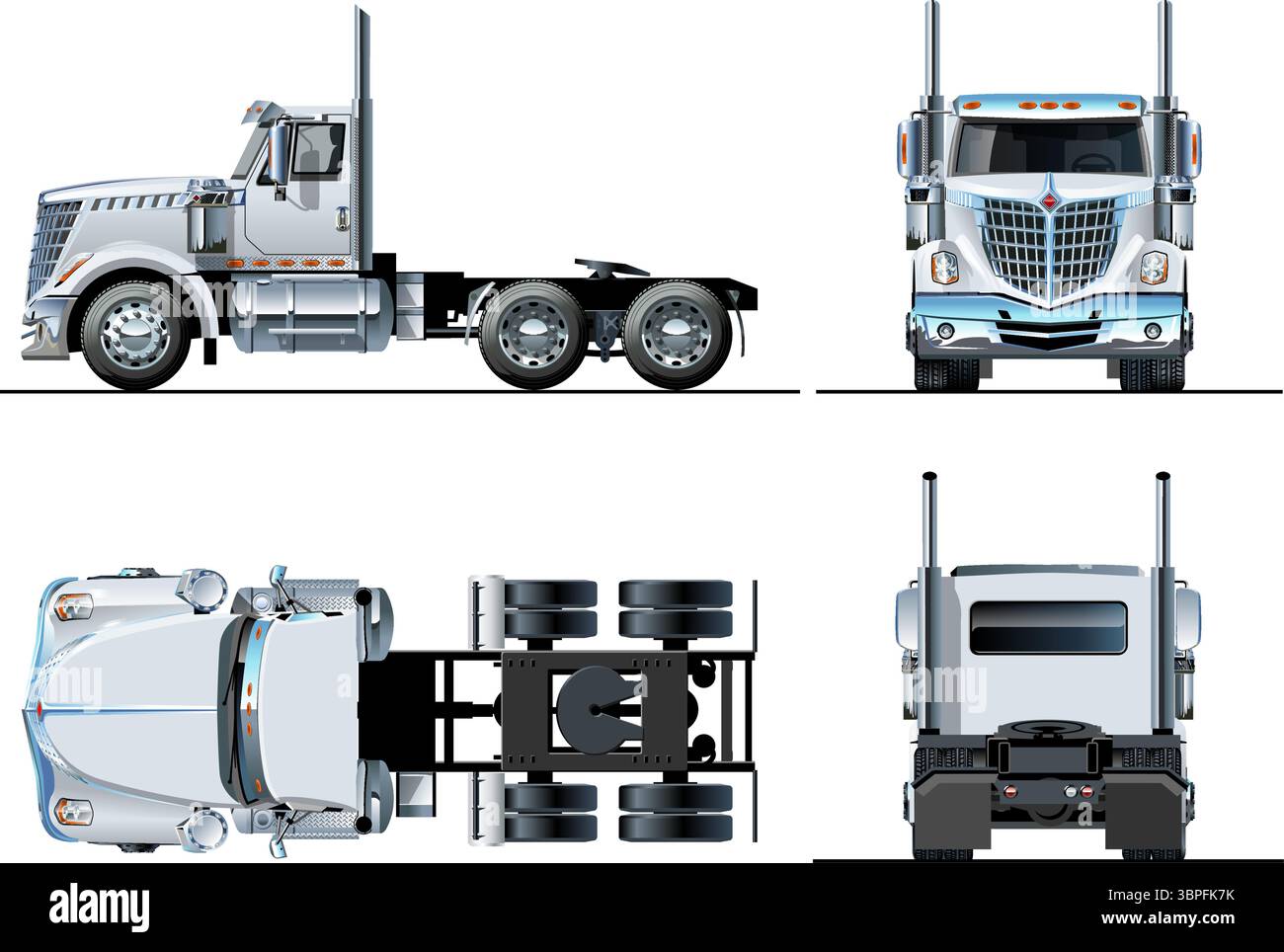 Modello di semi-camion vettoriale isolato su bianco. Vista laterale, anteriore, posteriore, dall'alto. EPS-10 separato da gruppi e livelli per una facile modifica Illustrazione Vettoriale
