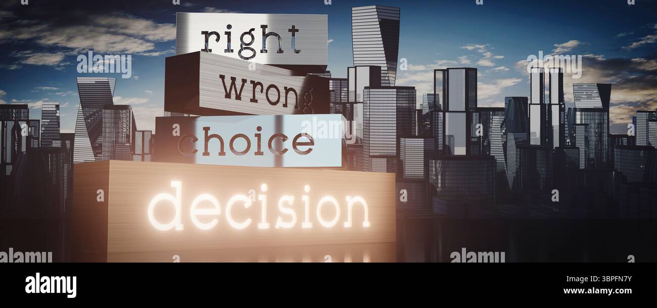 Concetto decisionale - forme a blocchi e grattacieli - illustrazione 3D. Foto Stock