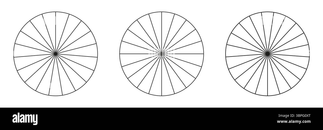 Cerchi divisi in 19,20,21 segmenti. Pizze o torte a forma tonda tagliate a fette uguali. Set stile contorno. Semplice raccolta di grafici. Illustrazione Vettoriale