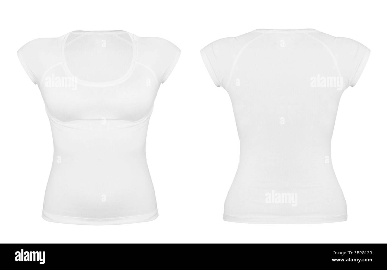 Fronte e retro t-shirt bianco isolato su sfondo bianco. Foto Stock