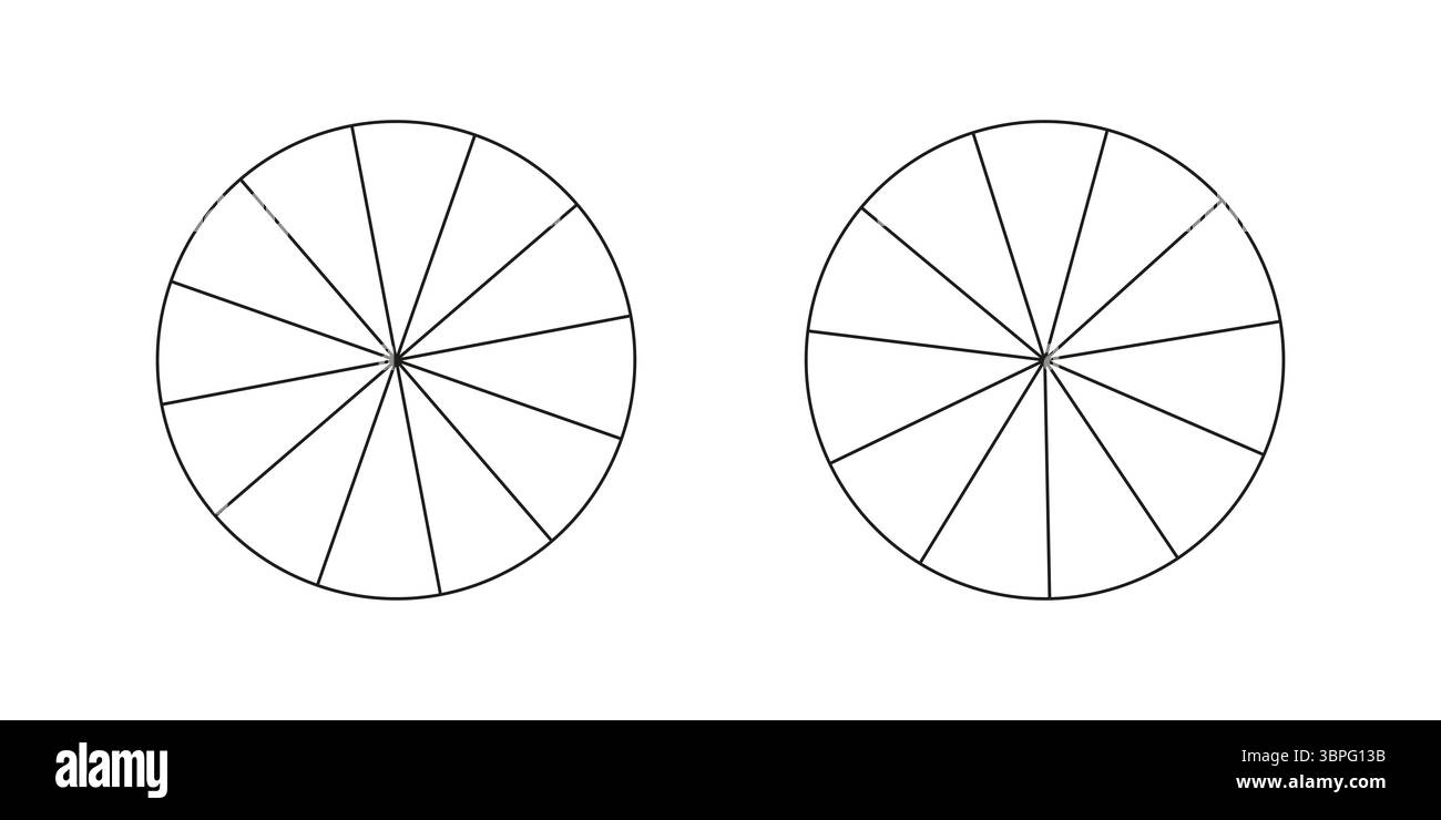Raccolta di grafici segmentati isolata su sfondo bianco. Set di diagrammi a torta, 11 e 12 sezioni o passaggi. Molti settori dividono il cerchio Illustrazione Vettoriale