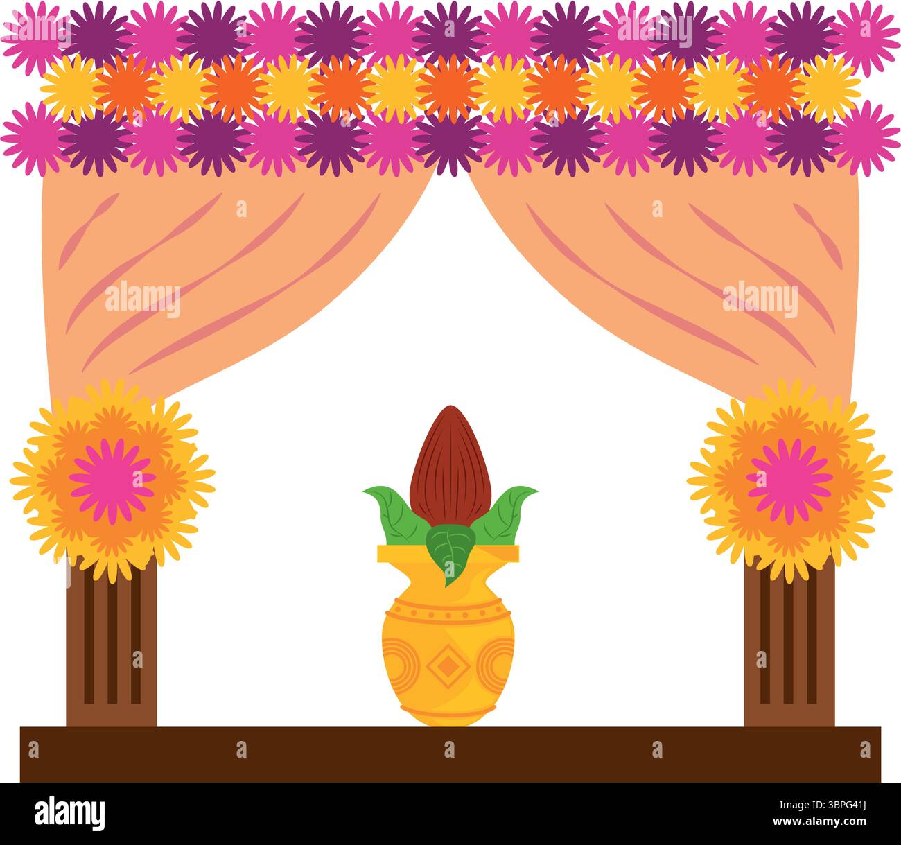 Kalash si trova all'interno di un palco di mandap decorato con tendaggi floreali Illustrazione Vettoriale Kalash si trova all'interno di un palco di mandap decorato con tendaggi floreali Illustrazione Vettoriale