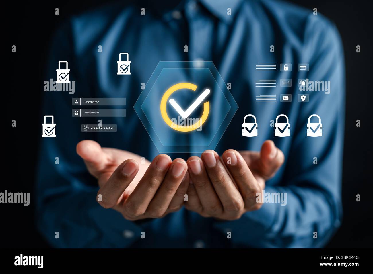 Controllo della sicurezza informatica, protezione dei dati, autenticazione di accesso tramite password, sistema di controllo degli accessi, verifica dell'utente, e l'approvazione dell'identità online per digit Foto Stock