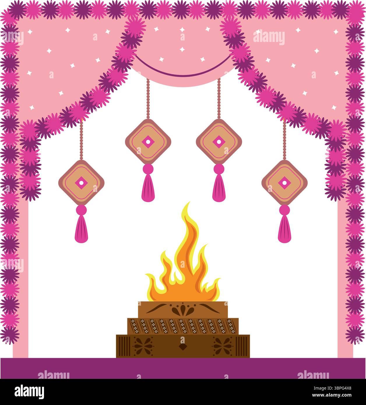 Altare del fuoco all'interno del mandap decorato per il rituale nuziale indù Illustrazione Vettoriale Altare del fuoco all'interno del mandap decorato per il rituale nuziale indù Illustrazione Vettoriale