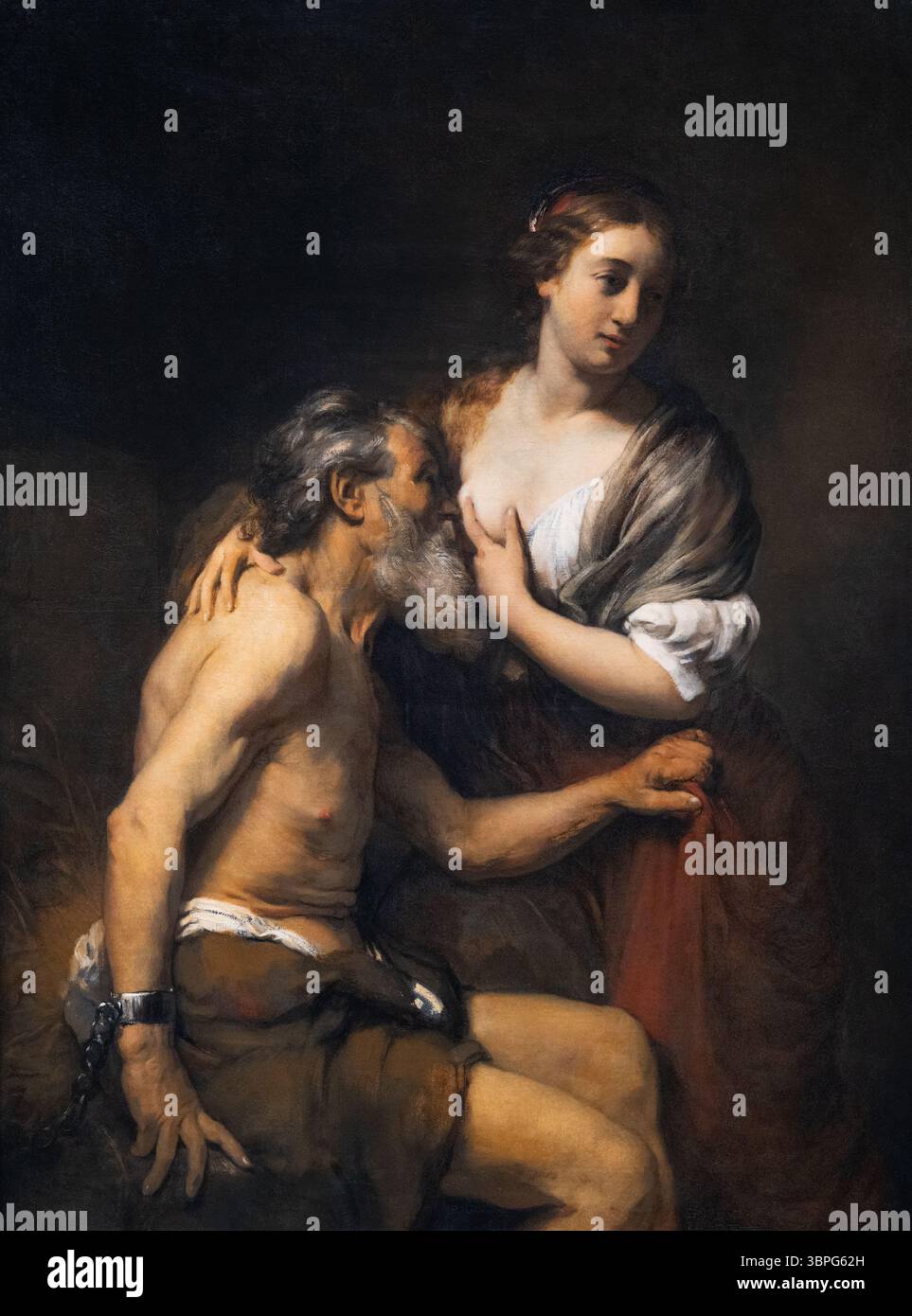 Attribuito a Willem Drost, 'Cimon and Pero', 1655-7, dalla mitologia romana; . Pittore olandese dell'età dell'oro; olio su tela. Willem Drost 1633-1659 Foto Stock