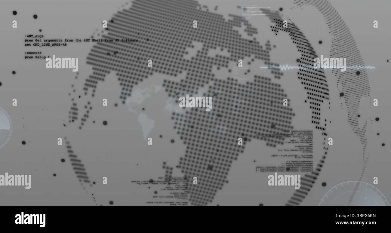 Mappa del mondo con punti dati e immagine di codifica su sfondo grigio Foto Stock