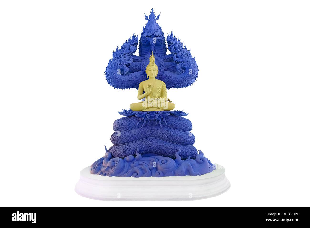 Buddha protetto dal cappuccio del mitico re naga di colore blu isolato Foto Stock