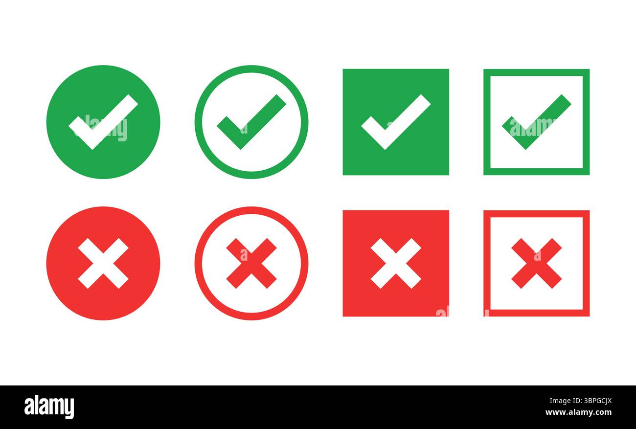 Icone di controllo e croce che indicano la correttezza, l'errata, l'approvazione, l'errore, sì, no, conferma e decisione Illustrazione Vettoriale