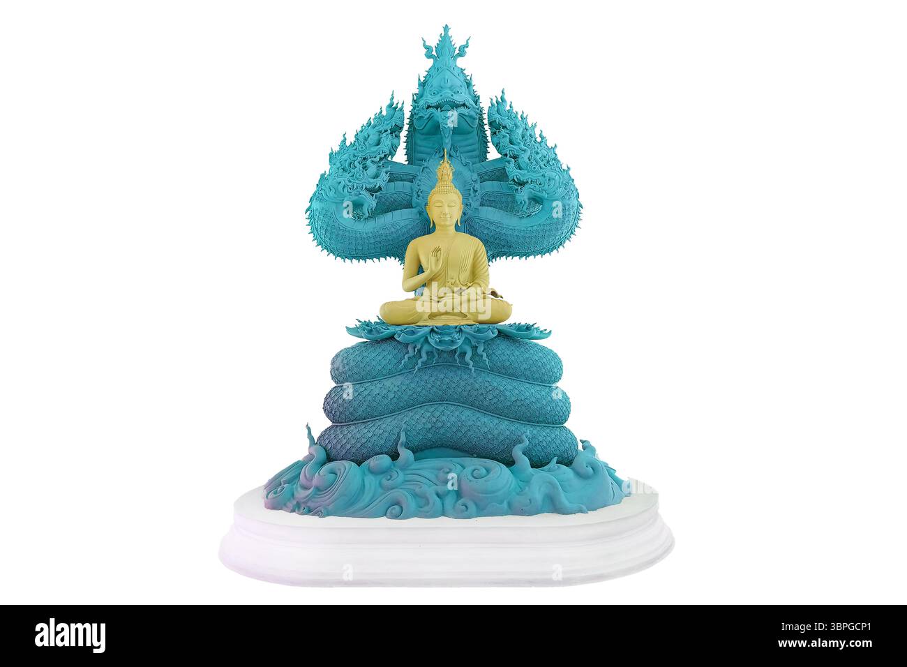 Buddha protetto dal cappuccio del mitico re naga color acqua isolato Foto Stock