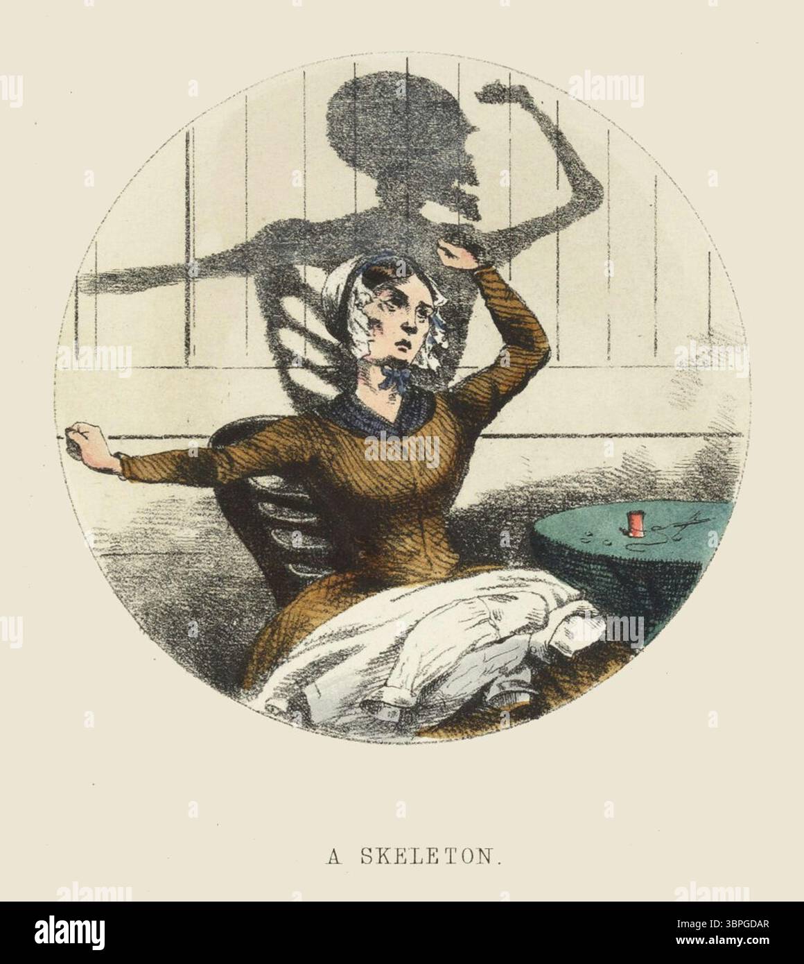 Divertente illustrazione vittoriana dal titolo Uno scheletro, che mostra una donna a riposo con un'ombra scheletrica che si piega dietro di lei. Da Shadows di Charles H. Bennett. Londra, Inghilterra. Intorno al 1856. Foto Stock
