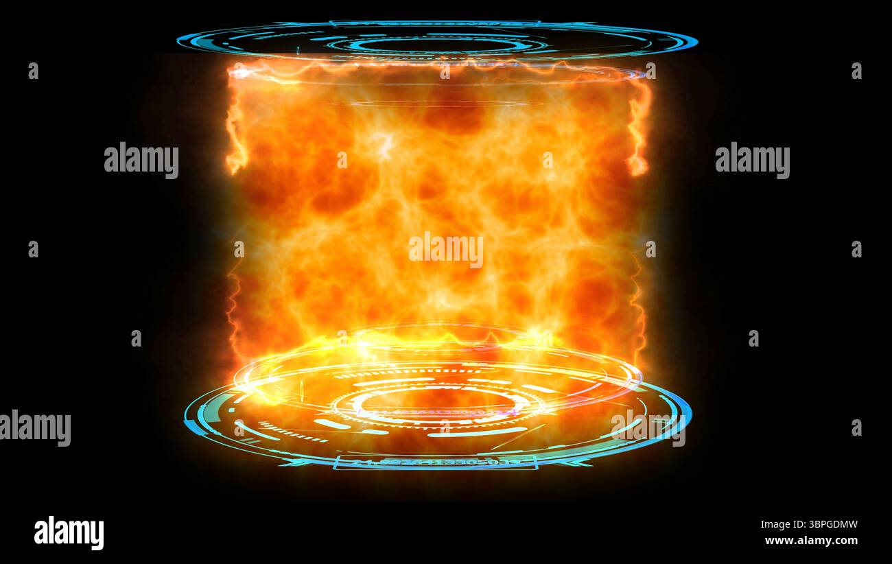 Simulazione del reattore a fusione nucleare della collisione atomica per rilasciare energia di massa in laboratorio digitale sul nero isolato Foto Stock