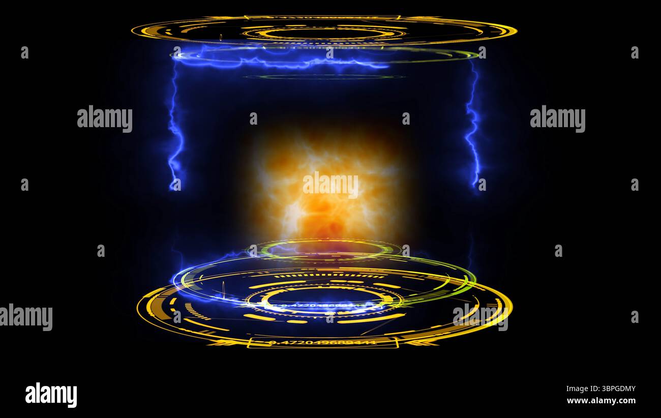 Simulazione del motore di fusione nucleare della collisione atomica per iniziare a rilasciare energia di massa in laboratorio digitale sul nero isolato Foto Stock