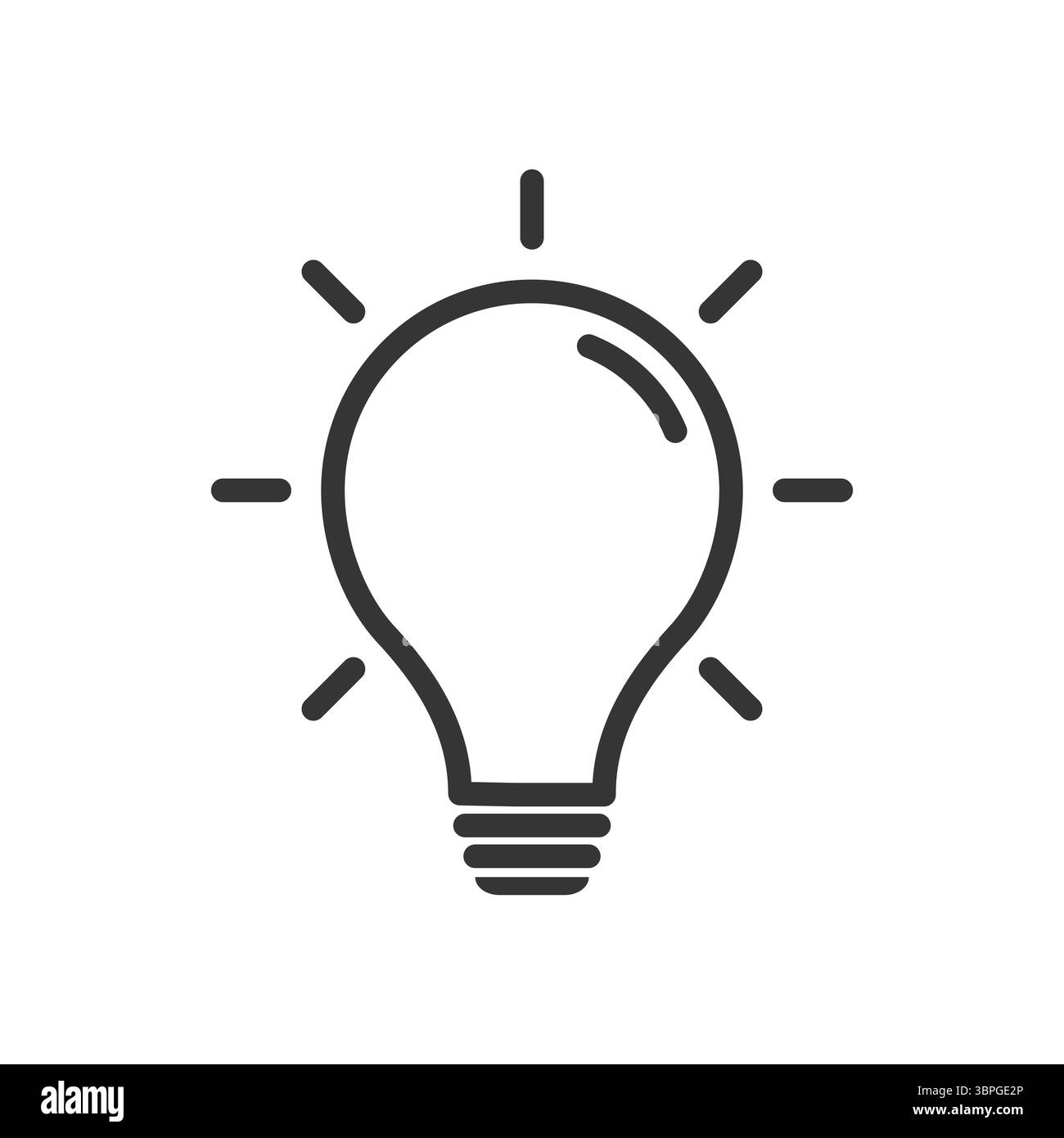 Icona della lampadina che simboleggia idee, creatività, innovazione, energia, ispirazione, e un'idea brillante in una semplice linea nera su sfondo bianco Illustrazione Vettoriale