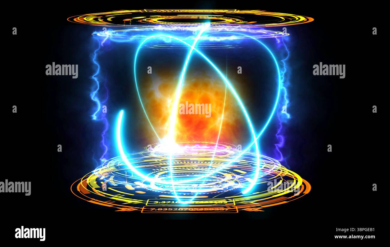 Orbita elettronica di simulazione del reattore nucleare a fusione ed esplosivo per rilasciare potenza nel laboratorio digitale del campo magnetico sull'isolato nero Foto Stock