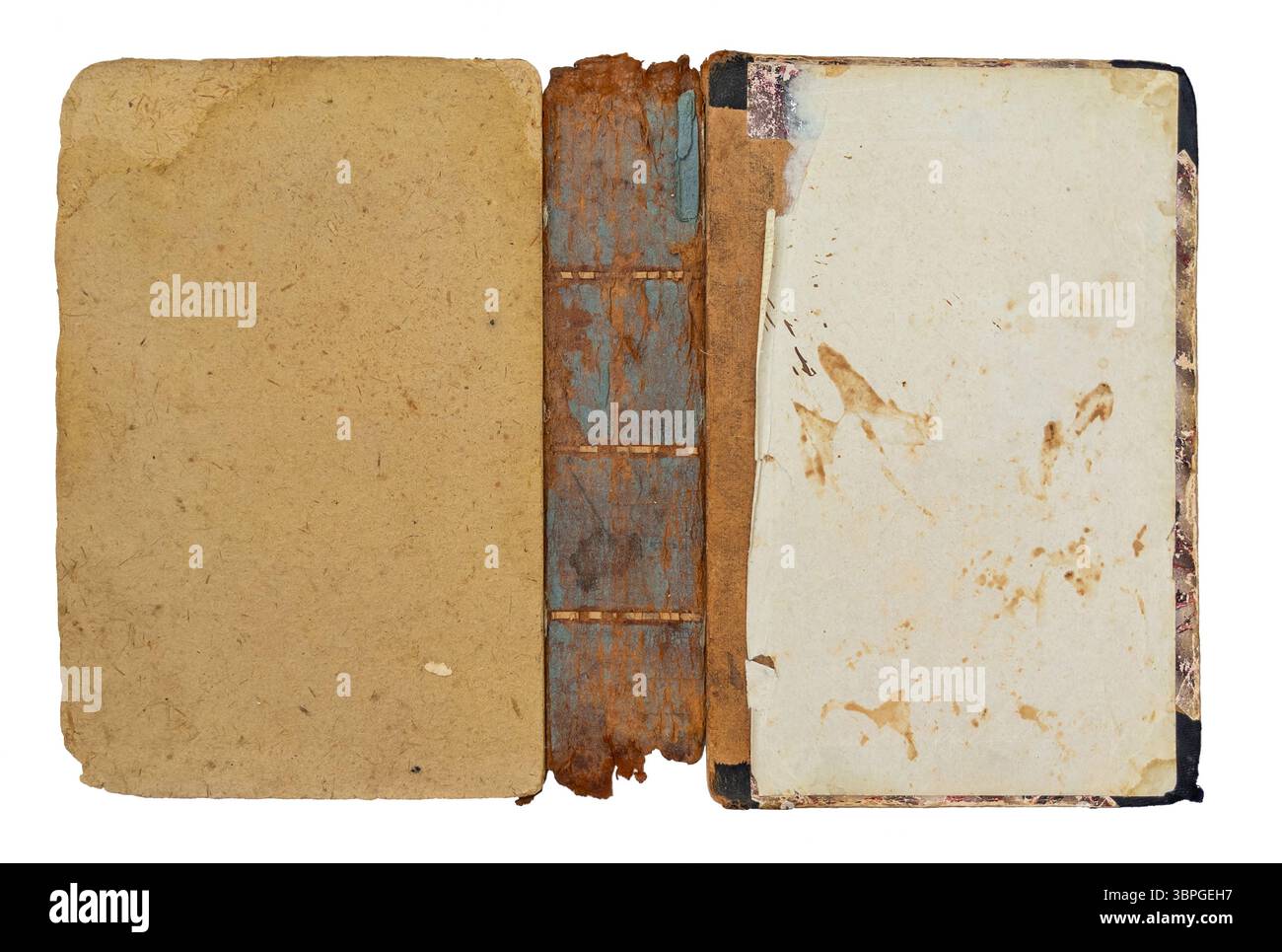 Copertina interna del libro e dorso di un libro vecchio, vintage, consumato e strappato. Trama della carta isolata su sfondo bianco Foto Stock