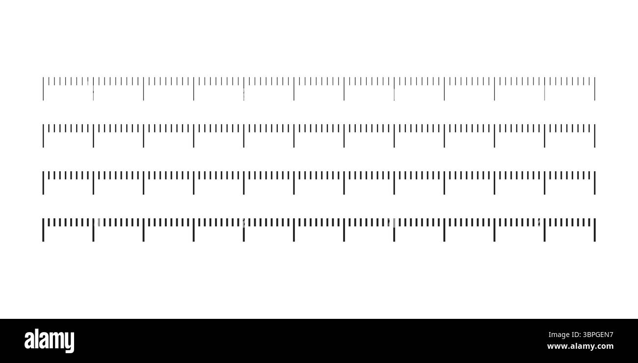 Raccolta di linee di misurazione orizzontali con tacche nere di spessore variabile, adatte per righelli, strumenti di misurazione, disegni tecnici Illustrazione Vettoriale