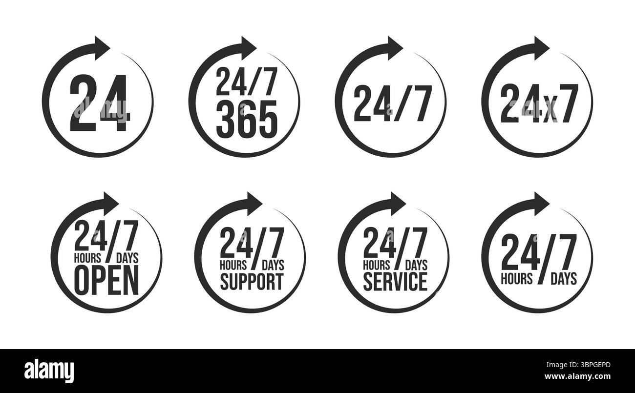 24/7 icona del supporto in un fumetto che rappresenta il servizio clienti, help desk, disponibilità, assistenza, linea telefonica diretta, guida in linea e 24 ore su 24 Illustrazione Vettoriale