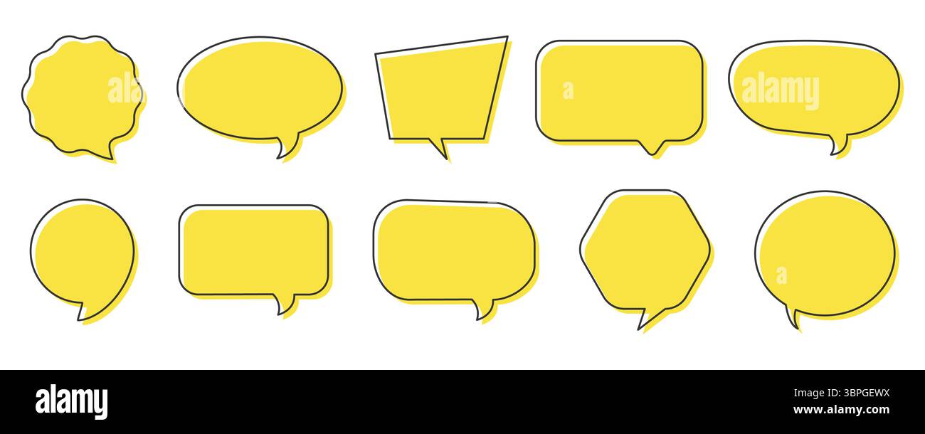 Set di icone a fumetto in varie forme che rappresentano comunicazione, dialogo, messaggio, commento, chat, conversazione e caselle di testo Illustrazione Vettoriale