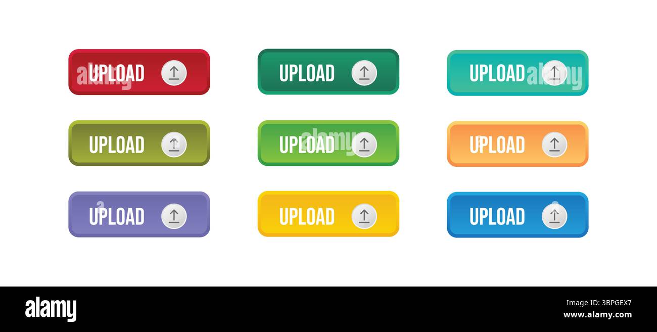 Set di pulsanti di caricamento colorati con icone a freccia verso l'alto in vari stili, ideale per la progettazione dell'interfaccia utente, lo sviluppo Web e le app mobili Illustrazione Vettoriale