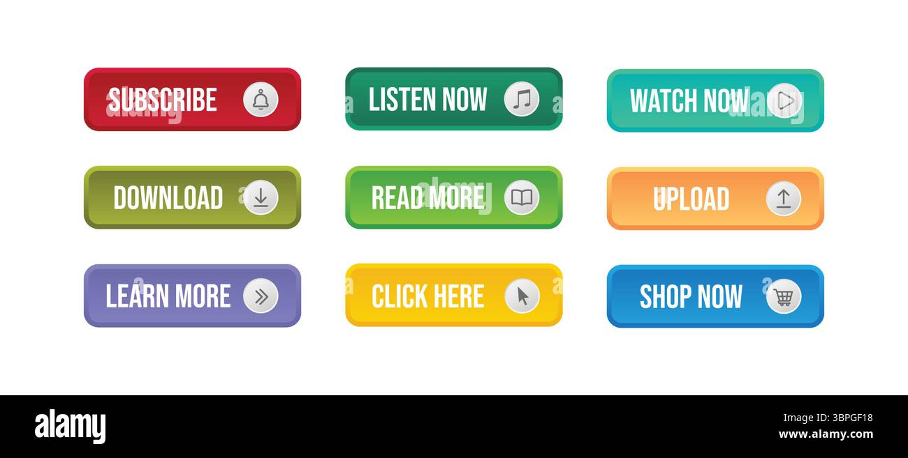 Set di pulsanti colorati di invito all'azione con testo come iscriversi, scaricare, leggere di più, caricare e acquistare subito siti Web, app o uso di marketing Illustrazione Vettoriale