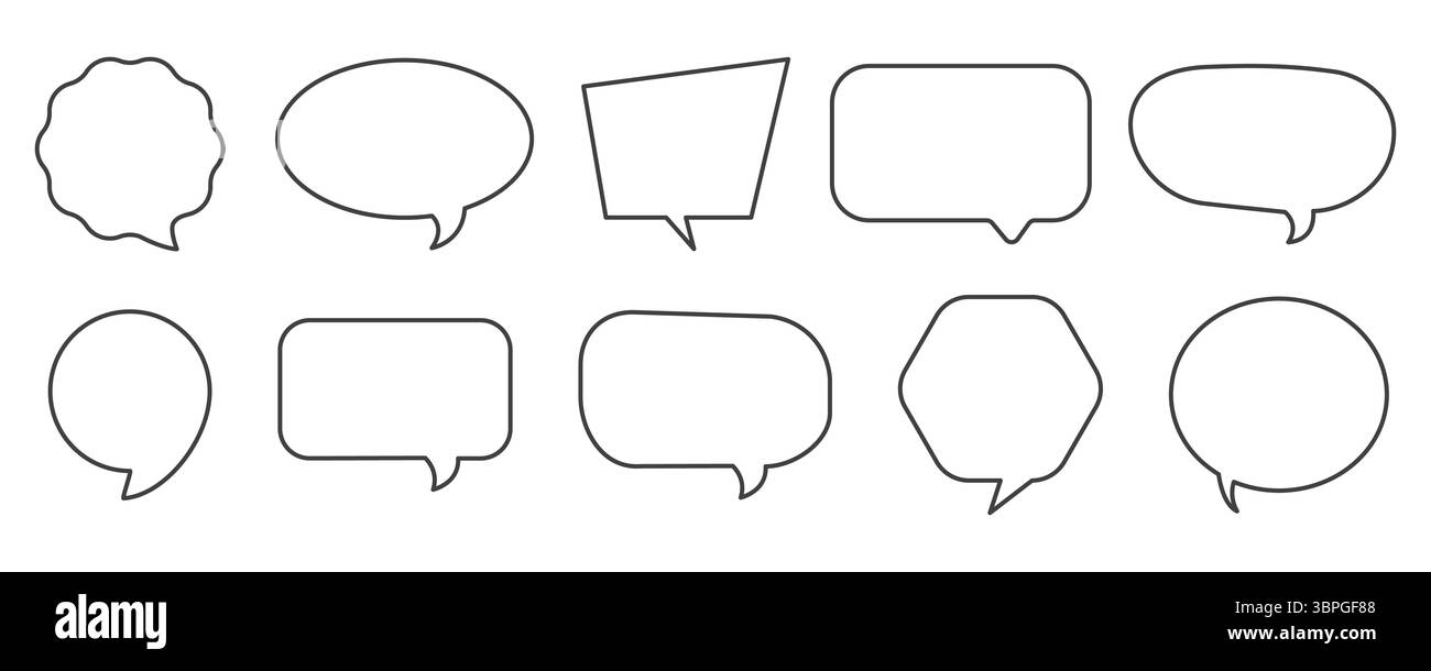 Set di icone a fumetto in varie forme che rappresentano comunicazione, dialogo, messaggio, commento, chat, conversazione e caselle di testo Illustrazione Vettoriale