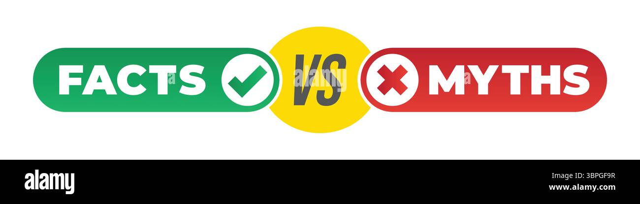 Etichette di fatti e miti con segno di spunta verde e icone a croce rossa che rappresentano verità, falsità, verifica, bonifica, accuratezza delle informazioni, e decisione Illustrazione Vettoriale