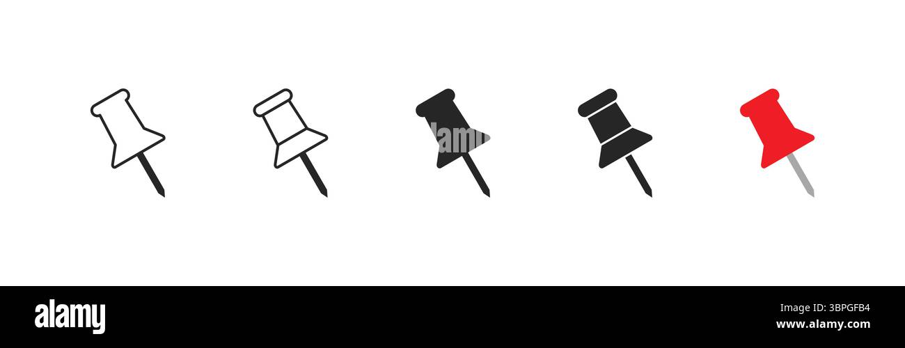 Premere le icone dei pin che rappresentano l'aggiunta, il promemoria, il contrassegno, la nota, la posizione, e strumenti di organizzazione per l'uso della pianificazione digitale e fisica Illustrazione Vettoriale