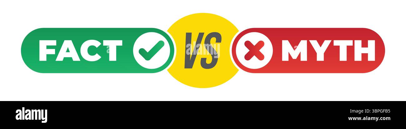 Etichette di fatti e miti con segno di spunta verde e icone a croce rossa che rappresentano verità, falsità, verifica, bonifica, accuratezza delle informazioni, e decisione Illustrazione Vettoriale