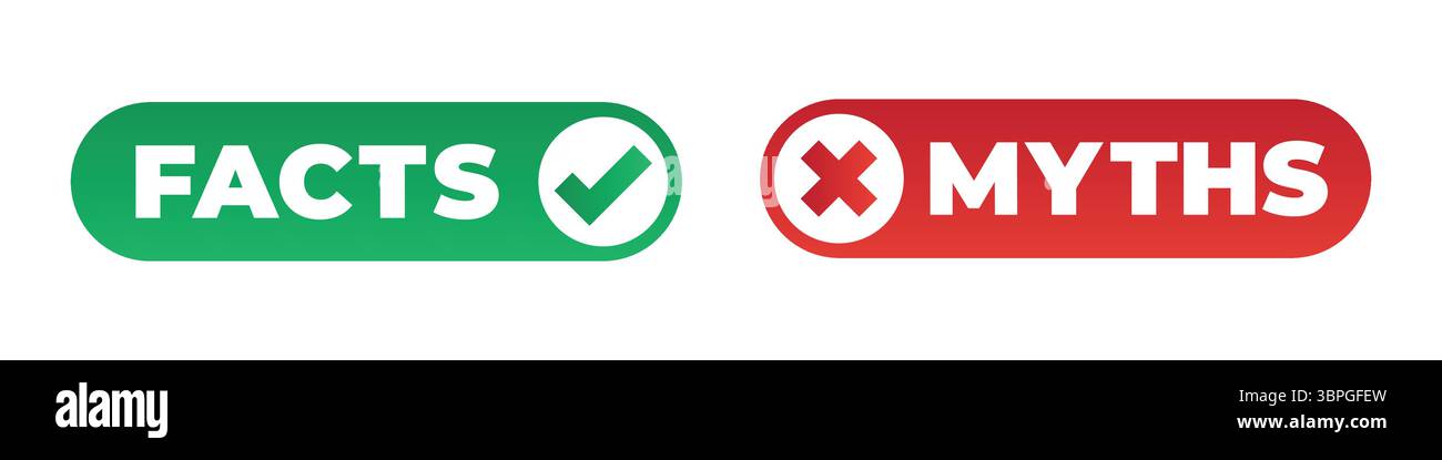 Etichette di fatti e miti con segno di spunta verde e icone a croce rossa che rappresentano verità, falsità, verifica, bonifica, accuratezza delle informazioni, e decisione Illustrazione Vettoriale