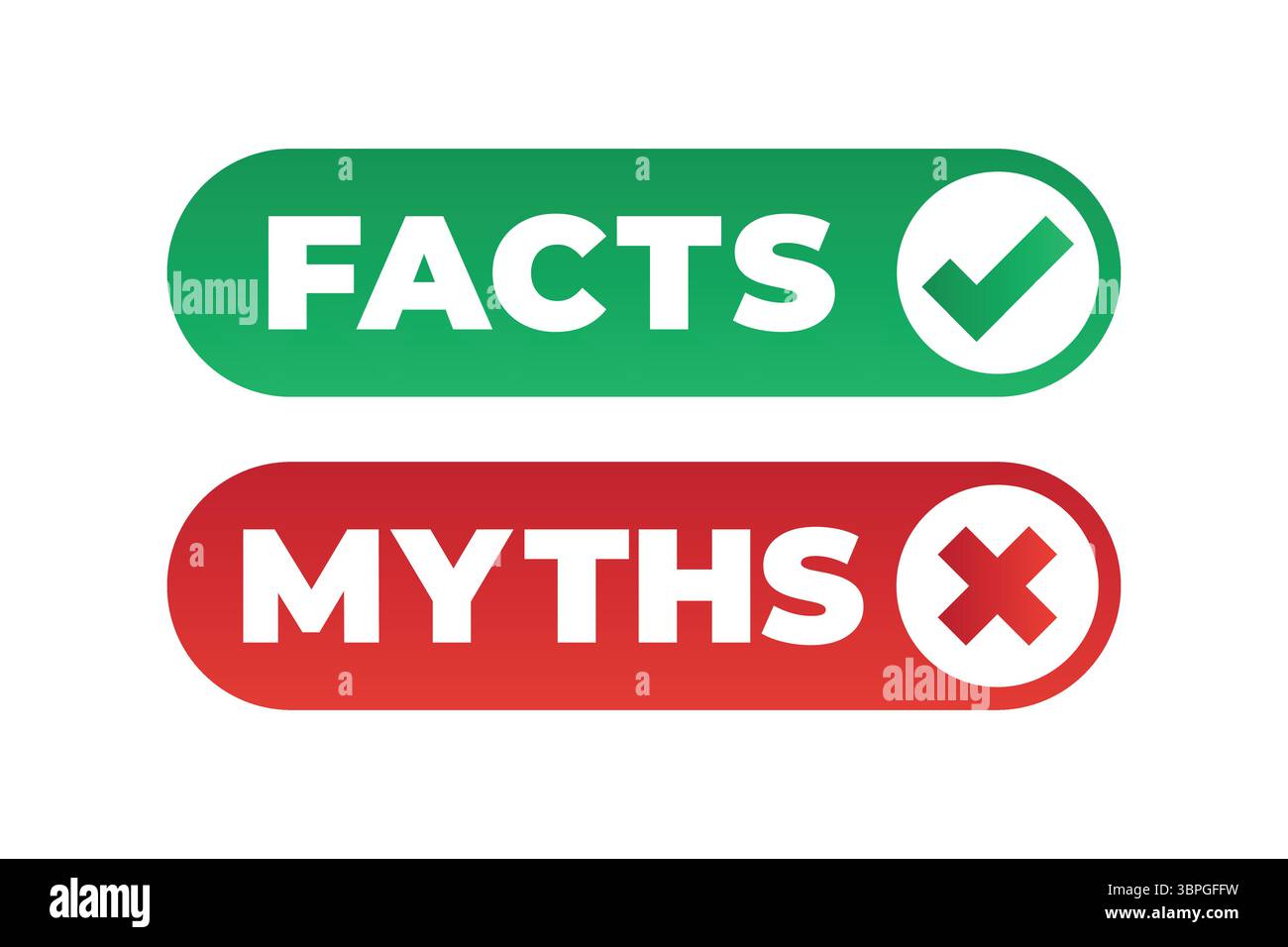 Etichette di fatti e miti con segno di spunta verde e icone a croce rossa che rappresentano verità, falsità, verifica, bonifica, accuratezza delle informazioni, e decisione Illustrazione Vettoriale