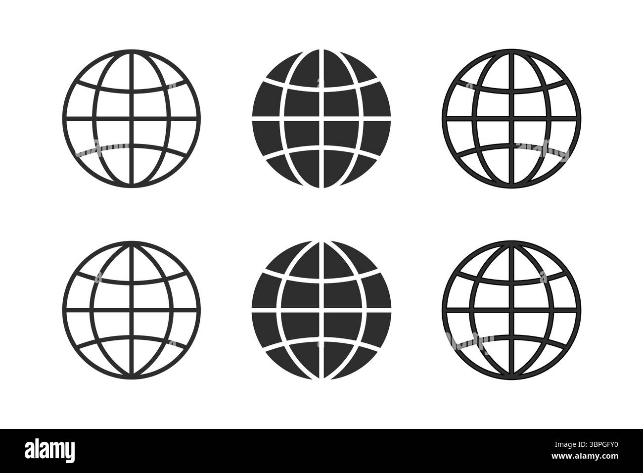 Le icone del globo nel profilo e gli stili solidi che rappresentano Internet, mondo, rete globale, accesso al Web, connettività online, comunicazione in tutto il mondo Illustrazione Vettoriale