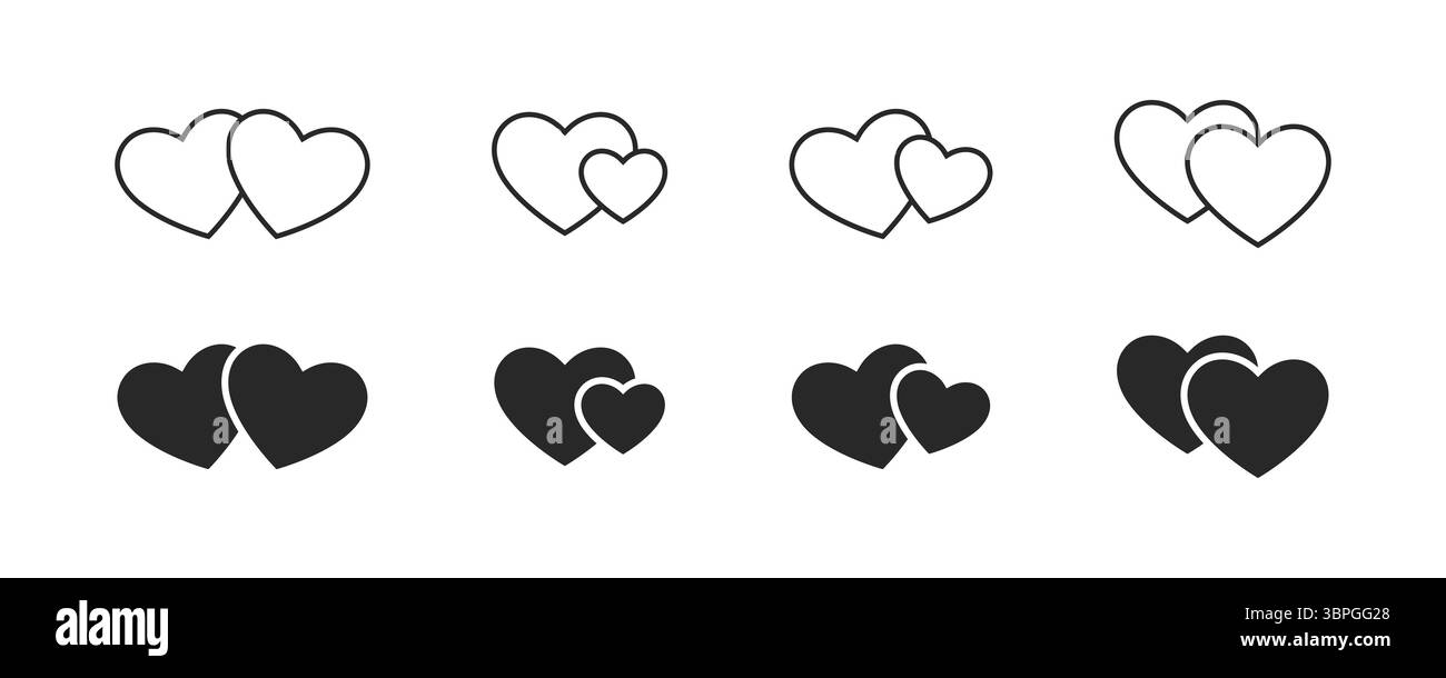 Icone di cuore che rappresentano amore, romanticismo, relazione, affetto e connessione emotiva con forme sovrapposte in variazioni in bianco e nero Illustrazione Vettoriale